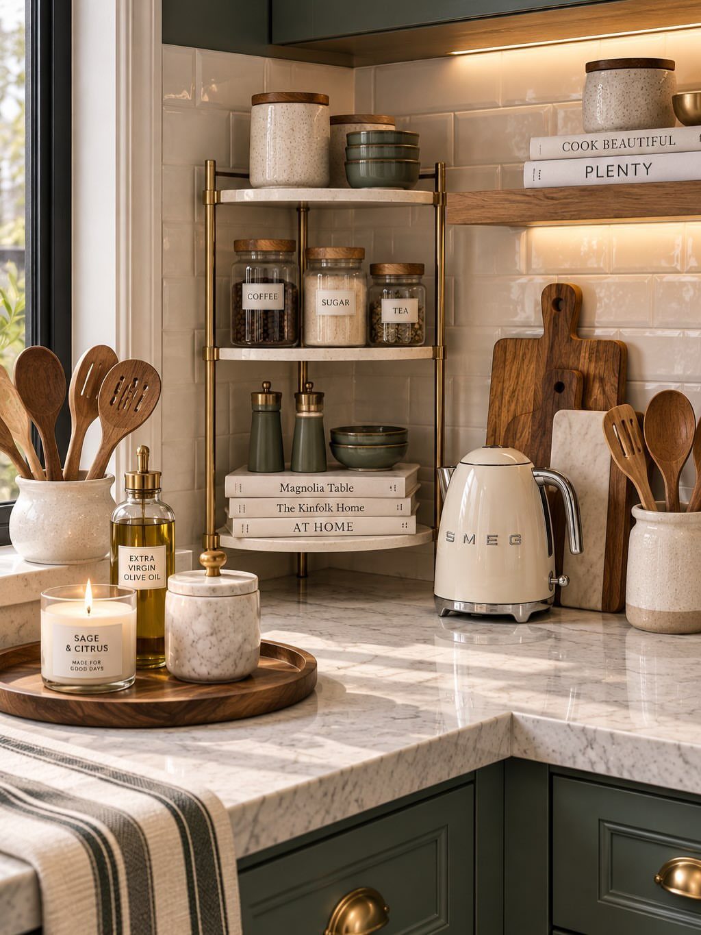 Kitchen counter with gold tiered storage shelf, white kettle, and marble countertops.