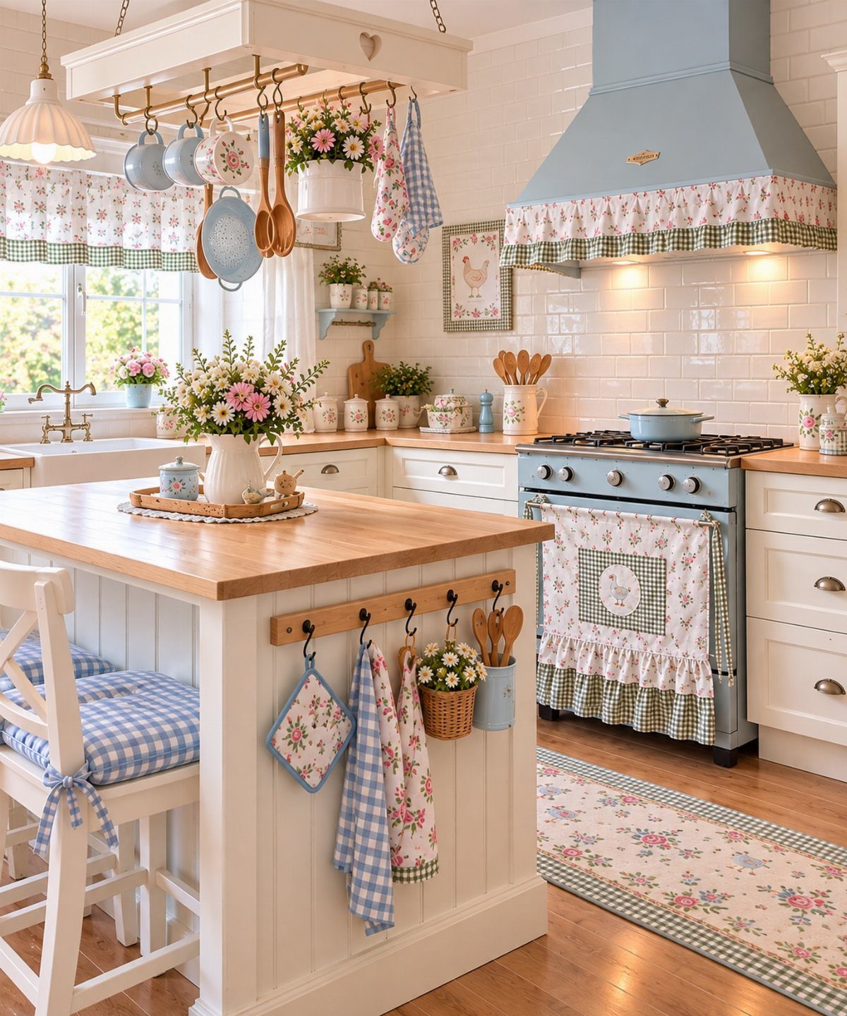Country kitchen with floral fabrics, light blue appliances, and decorative hanging pots.