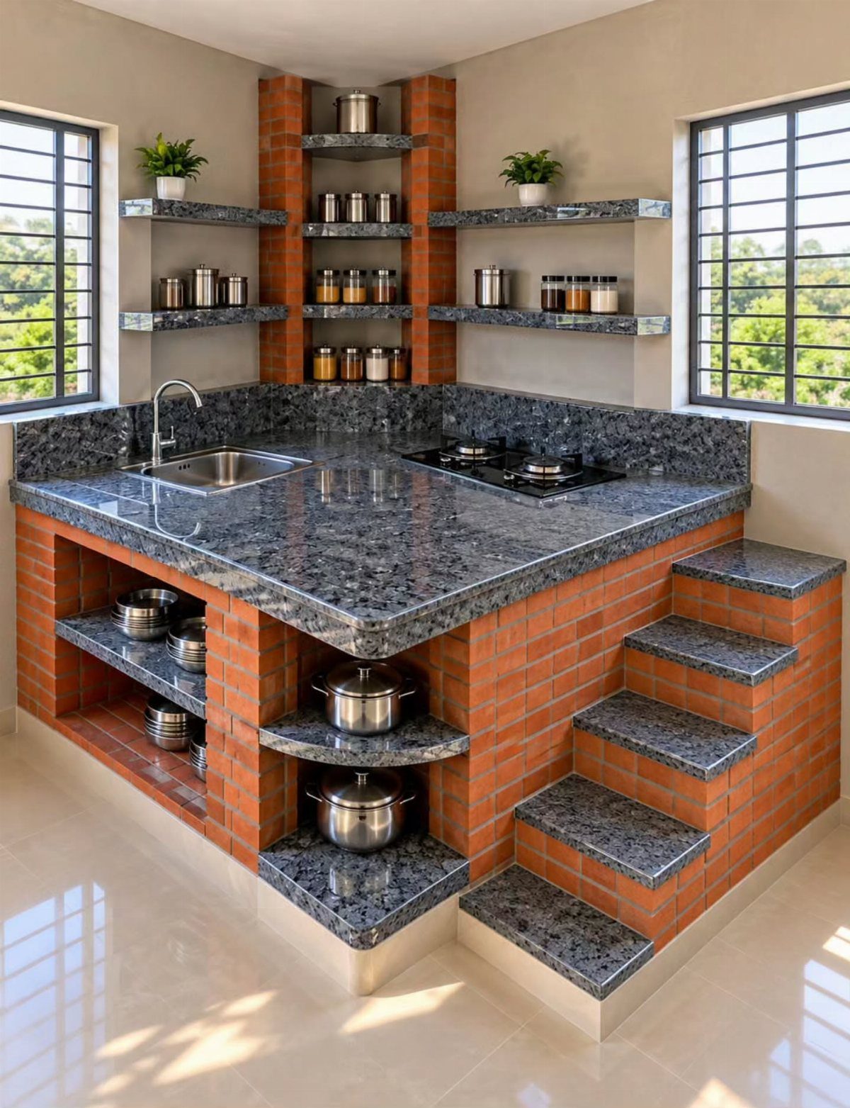 Kitchen with matching blue speckled granite countertops and red brick structural supports.