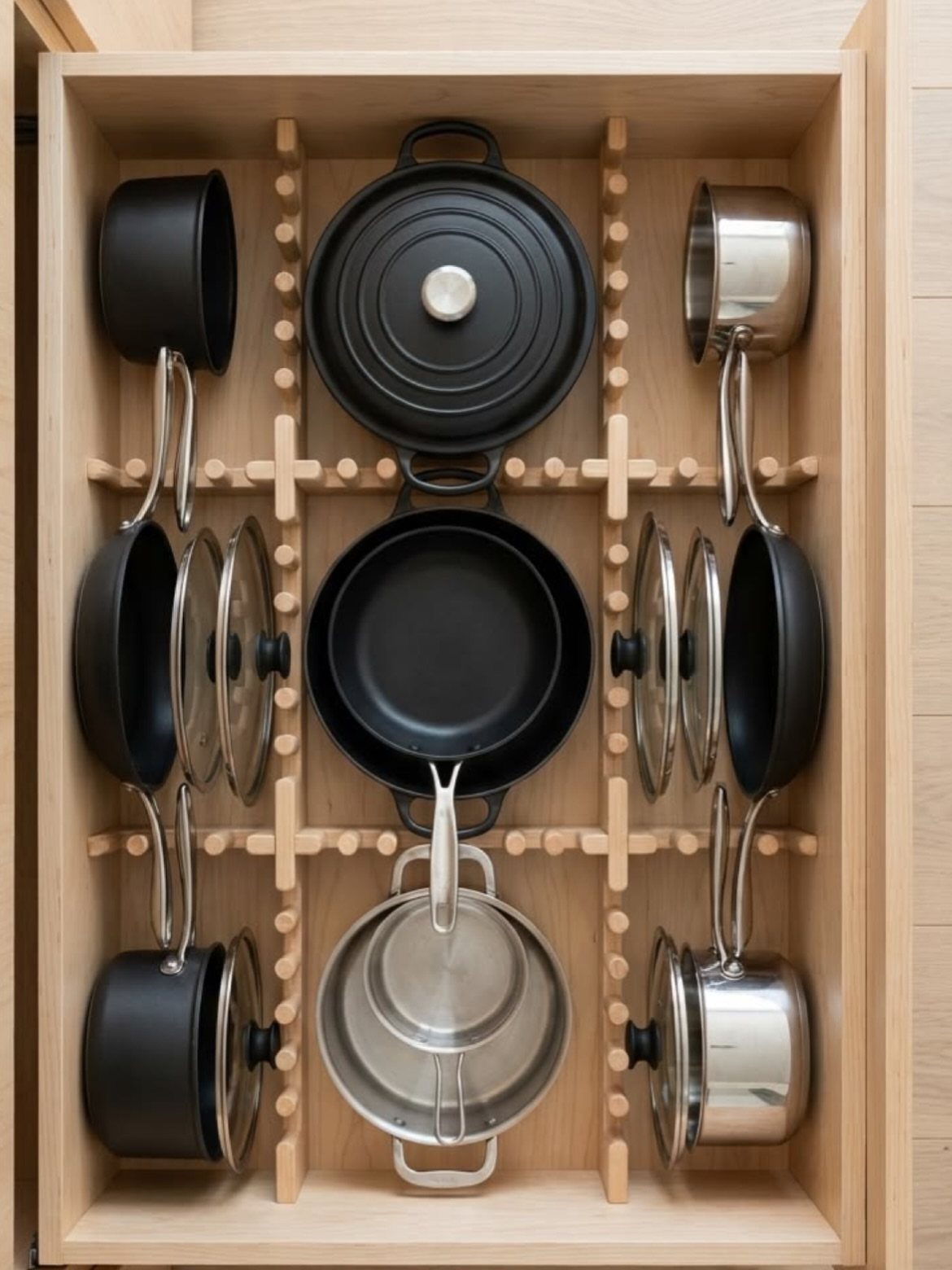 Wooden kitchen drawer organizer holding neatly arranged black and stainless steel pots and pans.