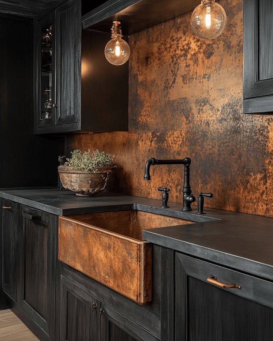 Black kitchen cabinets and countertops with a rustic copper sink and backsplash.