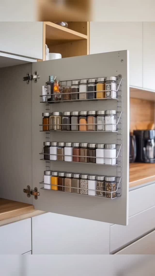 Spice jars organized on a metal rack attached to the inside of a cabinet door.
