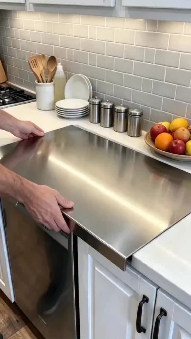 Stainless steel appliance cover being slid into place in a white kitchen.