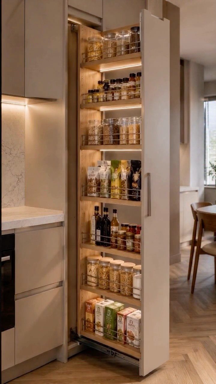 Pull-out pantry cabinet with wire shelves filled with food in a modern kitchen.