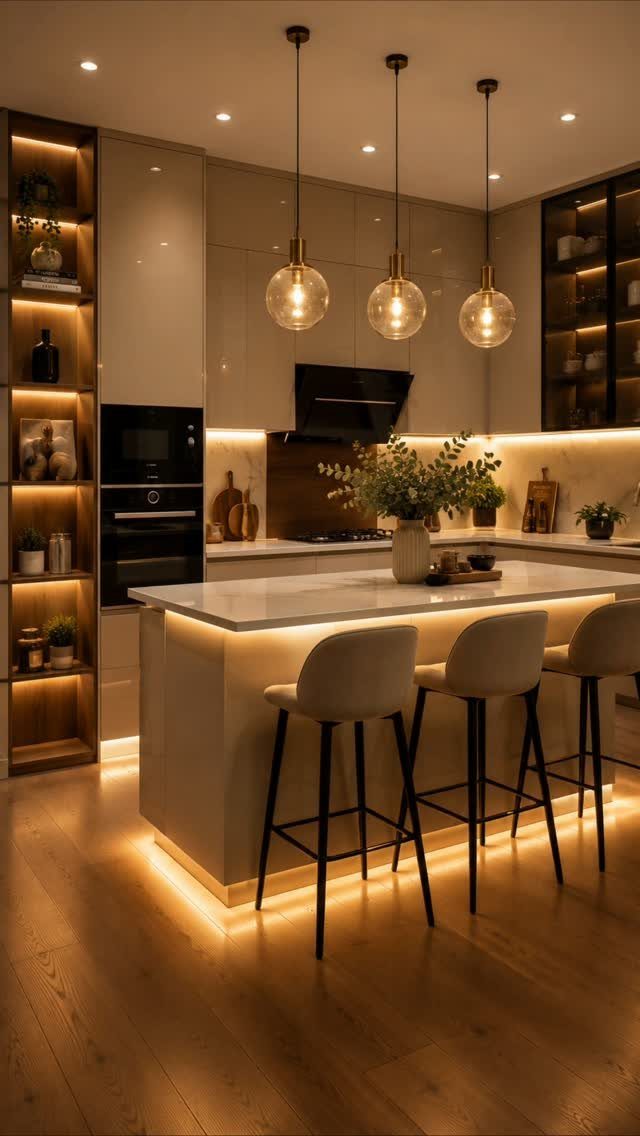 Modern kitchen with globe pendant lights, under-cabinet lighting, and illuminated shelving units.