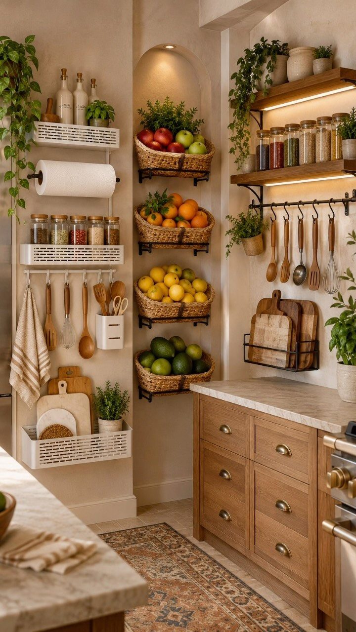 Small kitchen with wooden cabinets, marble counters, and creative vertical wall storage solutions.
