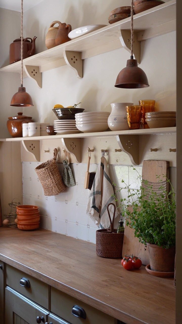 Rustic kitchen with open shelving, wooden countertops, and olive green lower cabinets.
