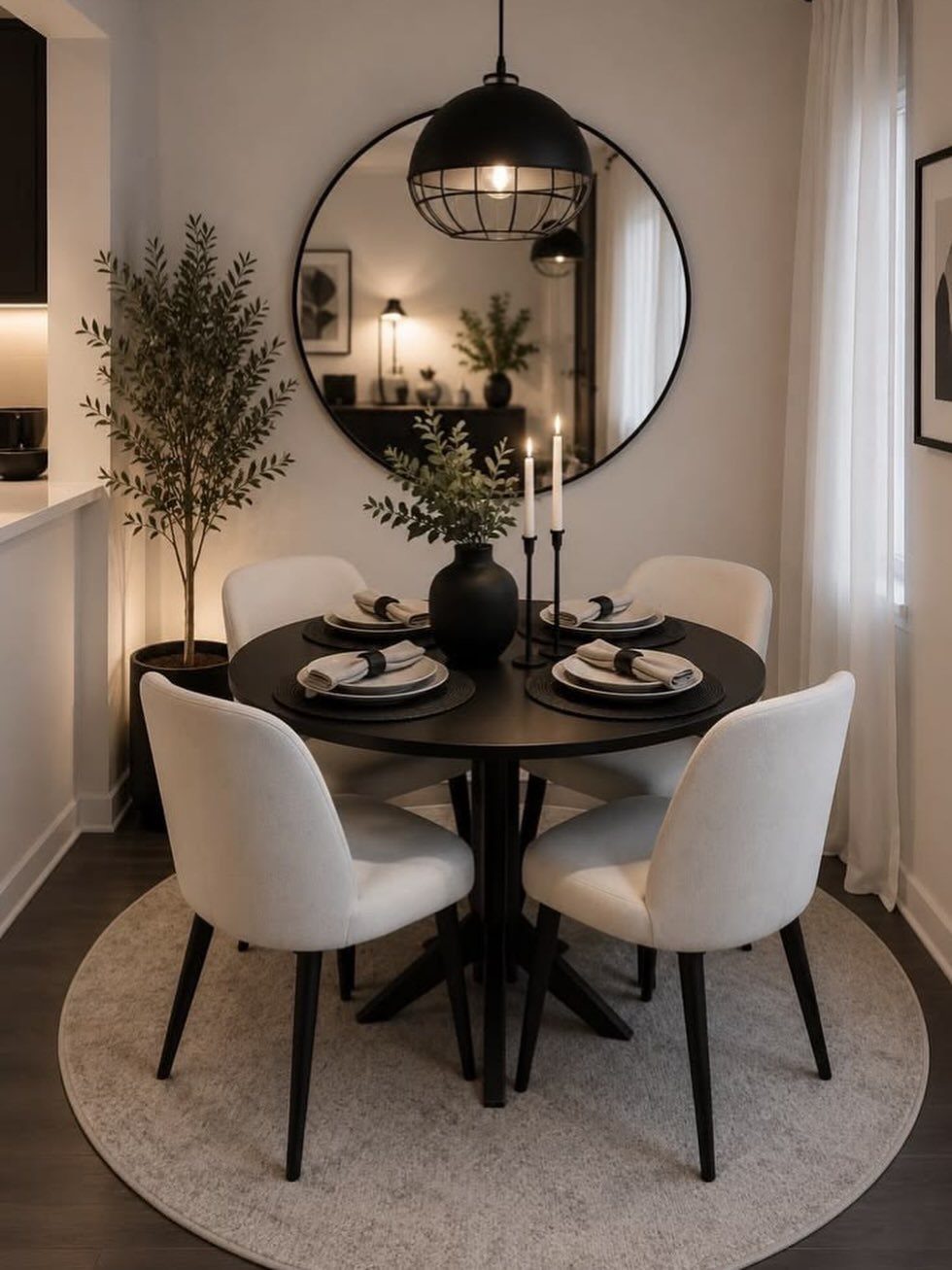 Round black dining table with white chairs on a circular grey area rug.