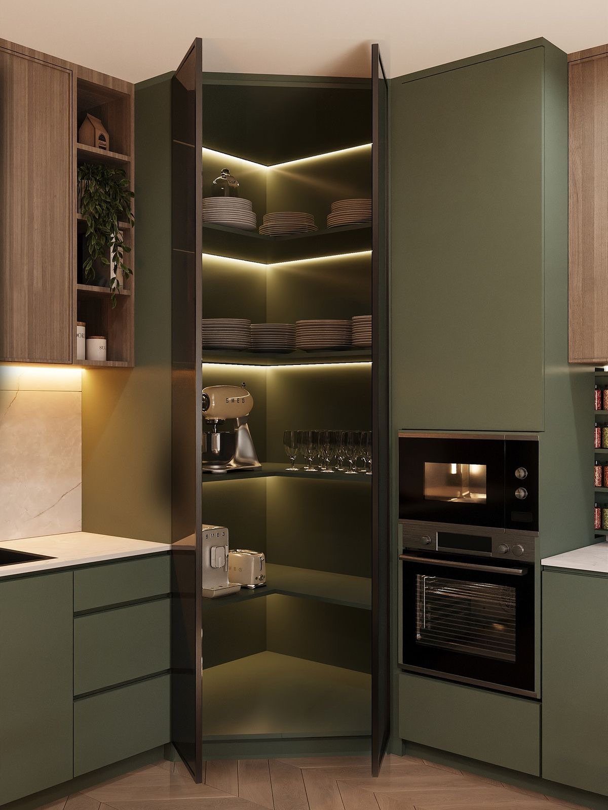 Olive green kitchen cabinets with an open, illuminated corner pantry storage unit.