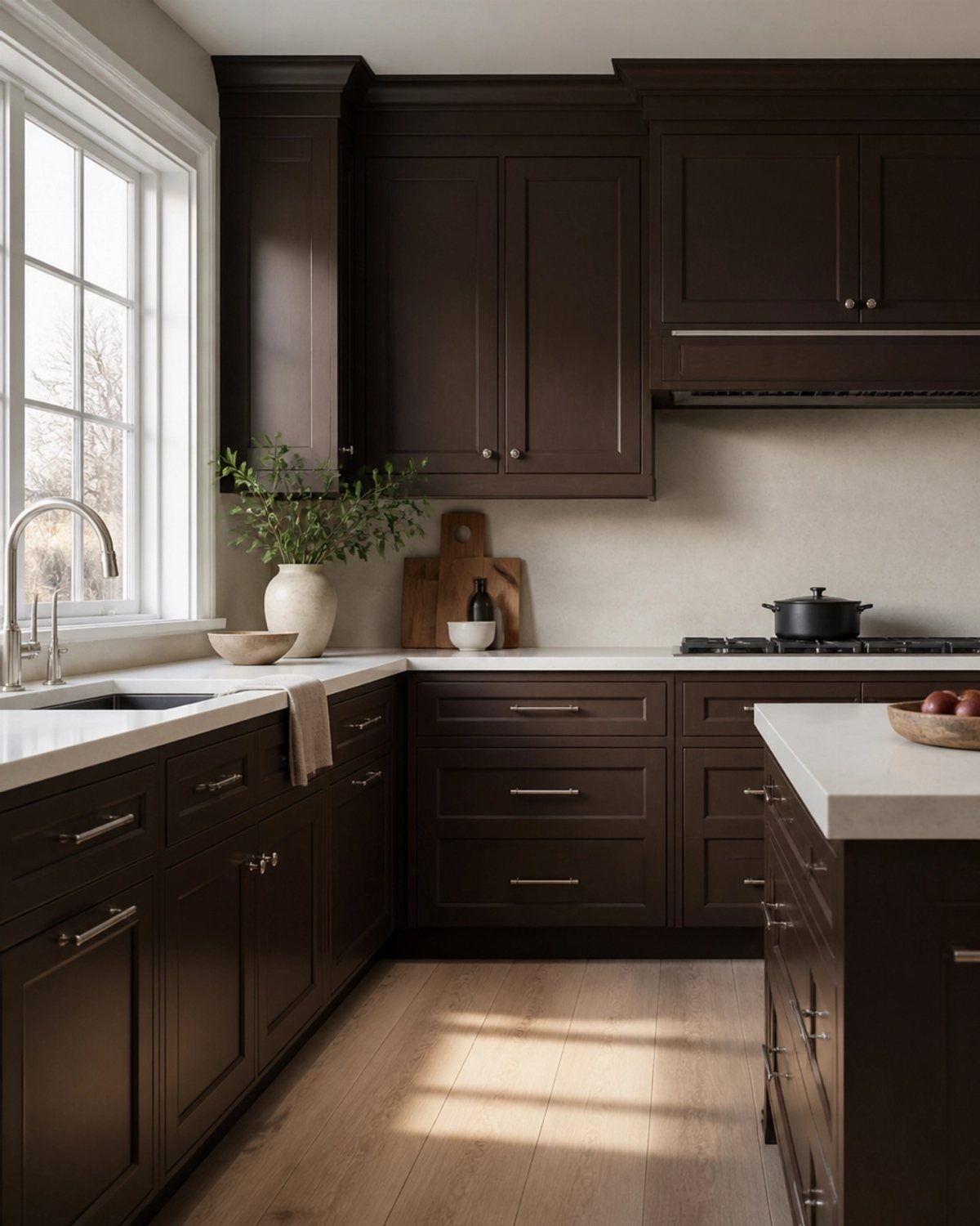 Dark brown kitchen cabinets with silver metallic hardware and white countertops.