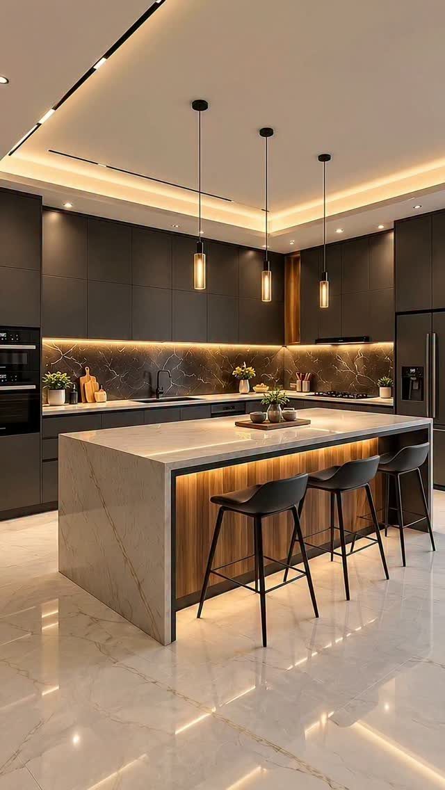 Modern kitchen with dark grey cabinets, white marble island, and three gold pendant lights.
