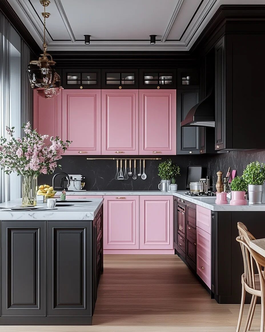 Modern kitchen with matte black and pink cabinets, white marble countertops, and wood floors.