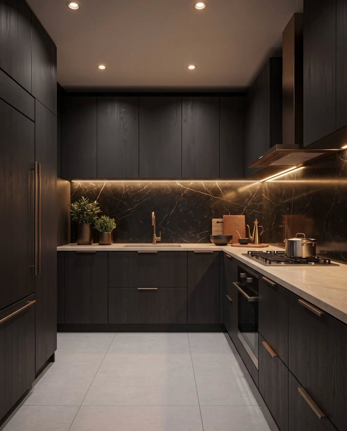 Dark wood-grain kitchen cabinets with white countertops and a black marble backsplash.