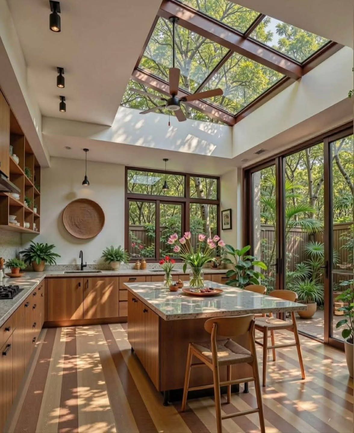 Sunlit kitchen with a large glass skylight and sliding glass doors opening to greenery.