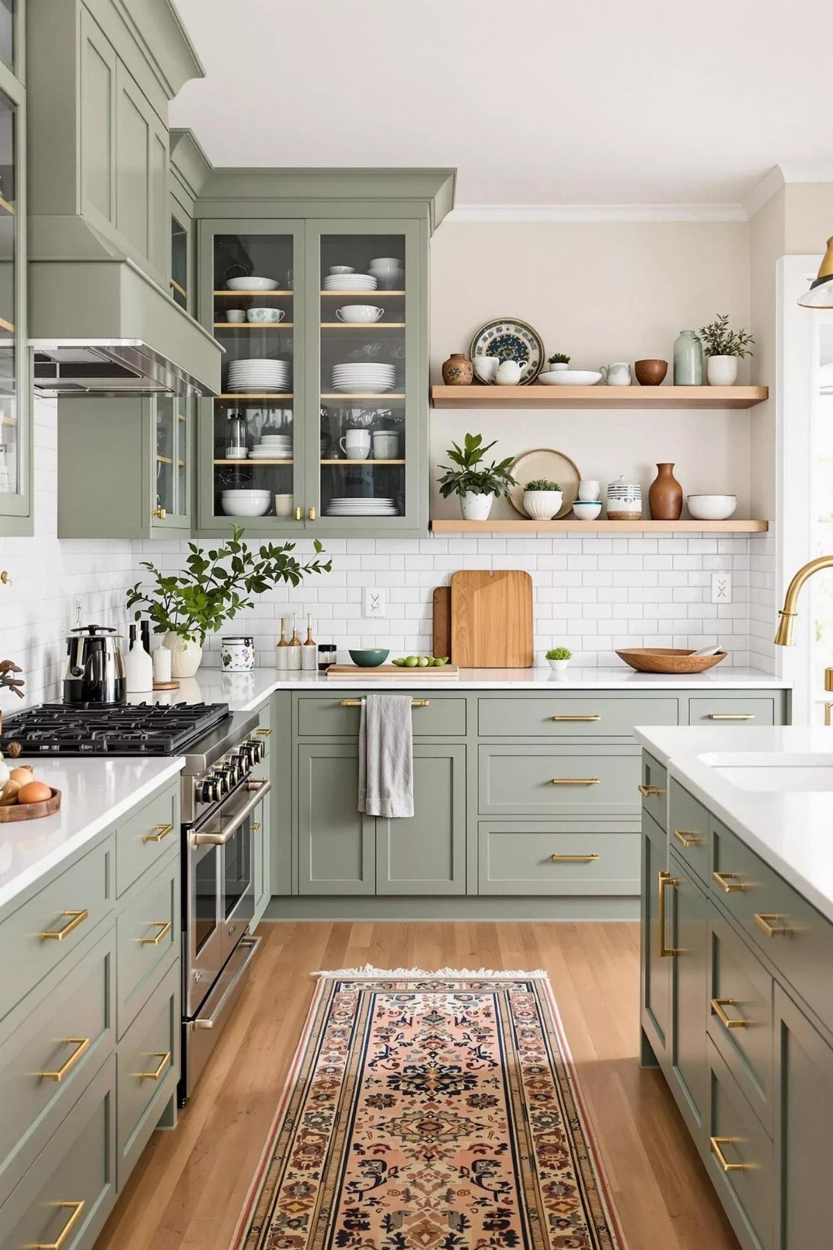 Sage green kitchen cabinets with light wood open display shelves and white backsplash.