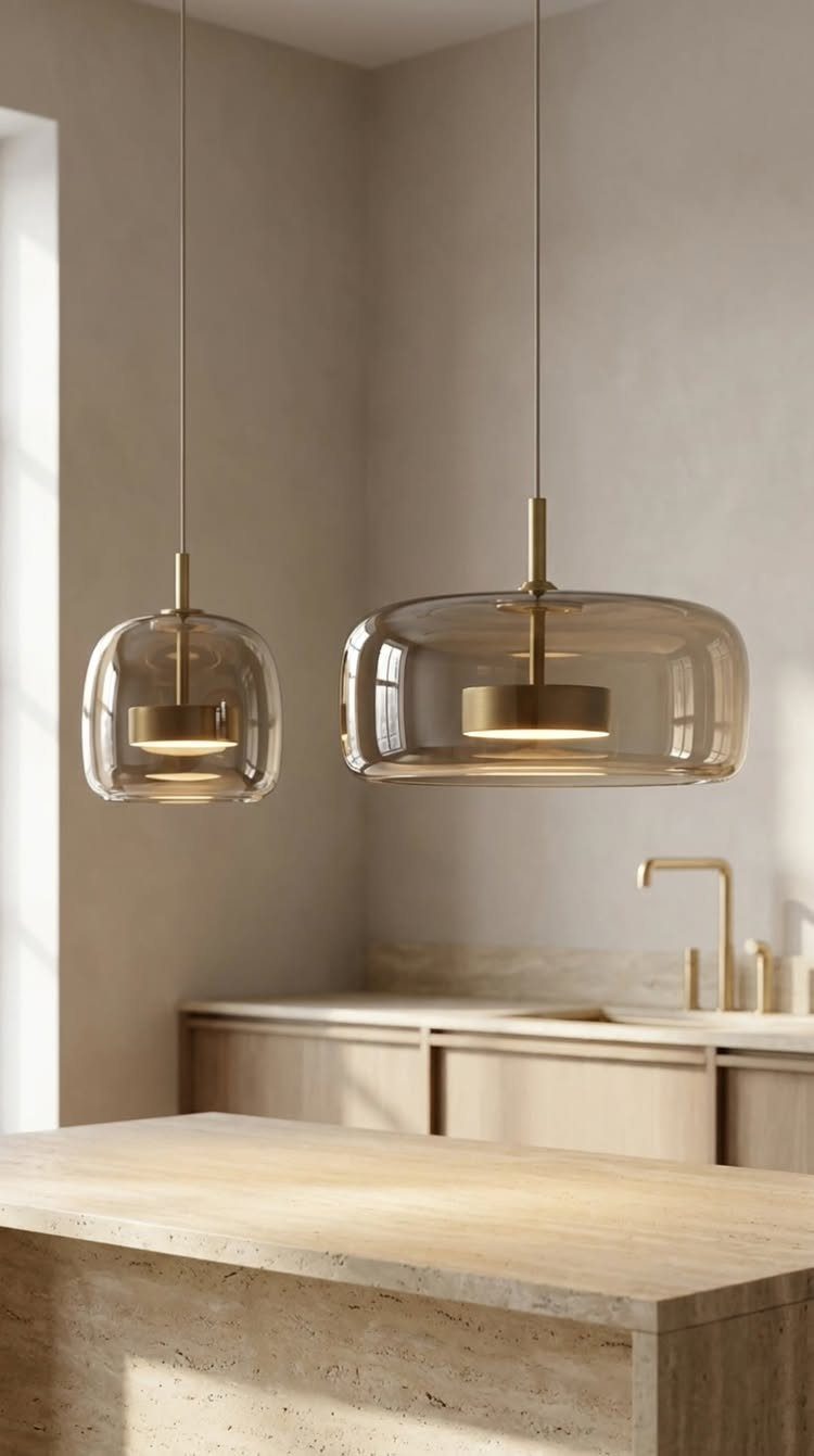 Two gold and glass pendant lights hanging over a modern stone kitchen island.