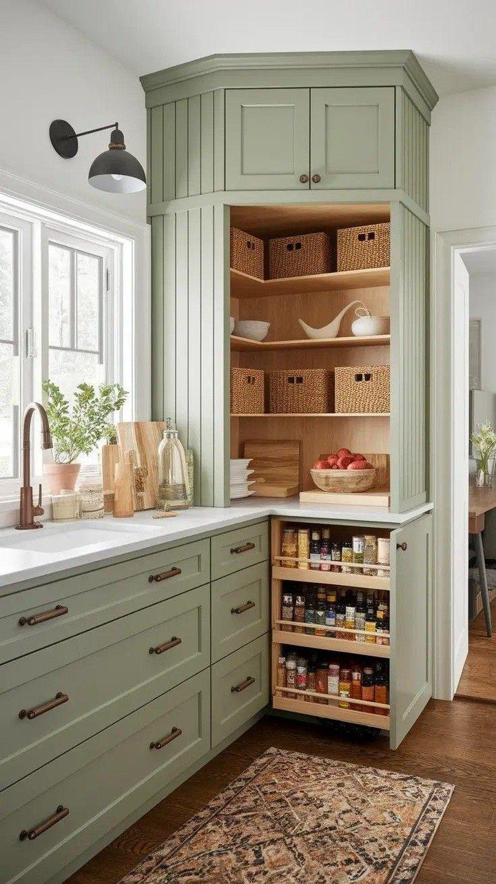 Sage green kitchen cabinets with a tall open pantry and white countertops.