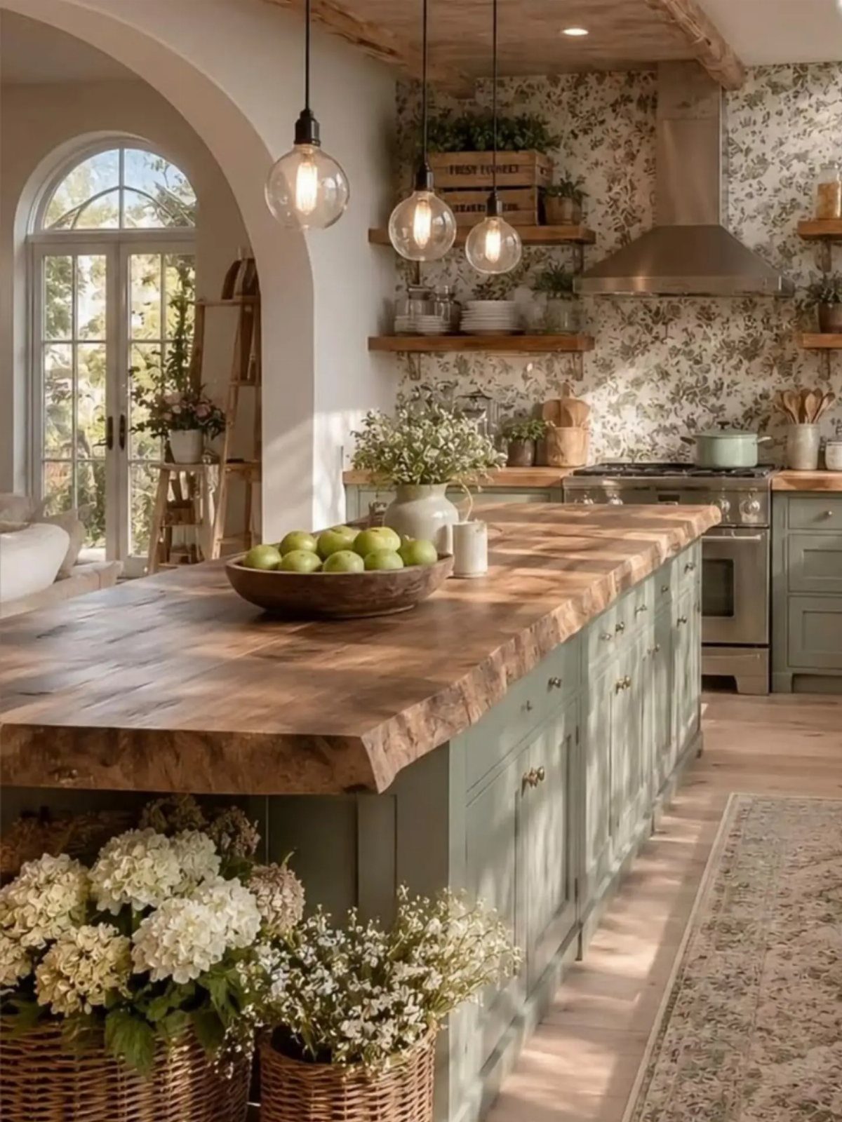 Rustic kitchen with a wooden island and large arched glass door for natural light