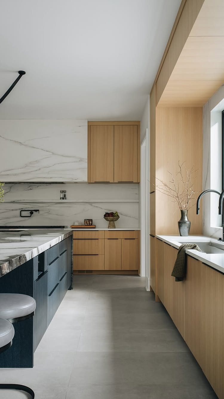 Dark blue kitchen island with white marble countertop and light wood cabinetry.