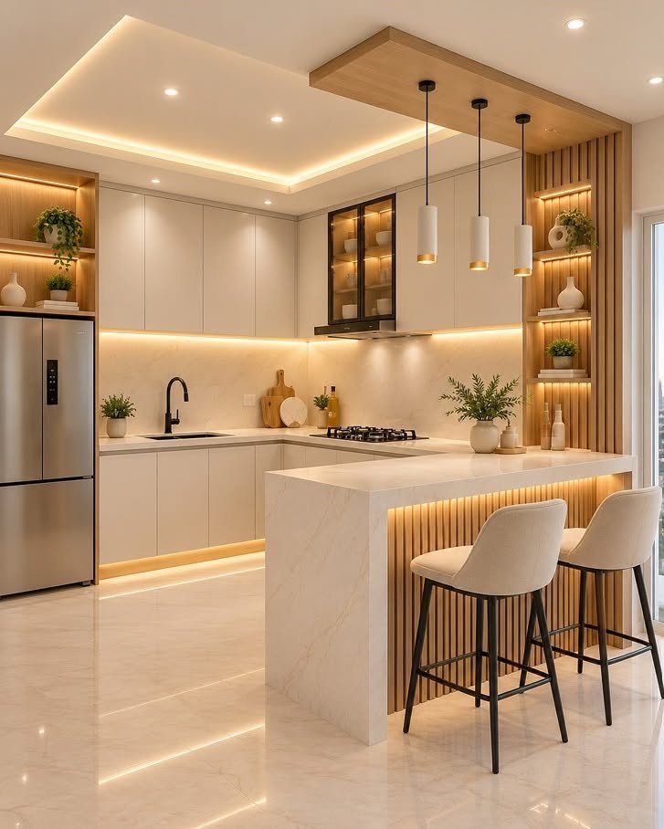 Modern white kitchen with light wood accents and a small white marble island.