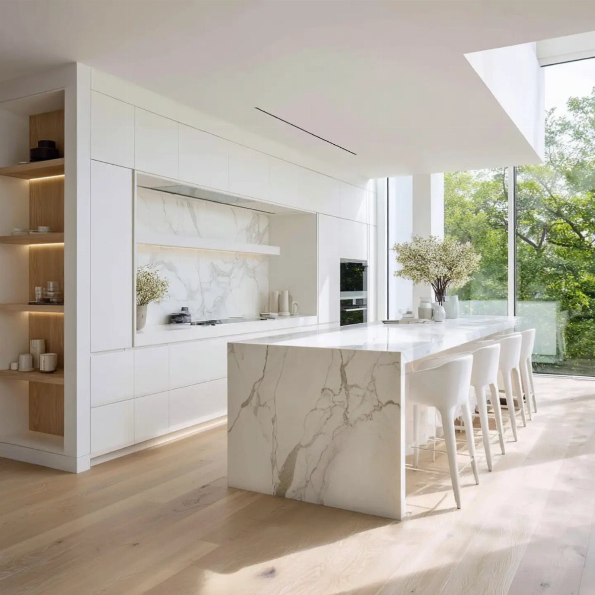 Large white marble-veined quartz kitchen island with white bar stools and modern cabinetry.