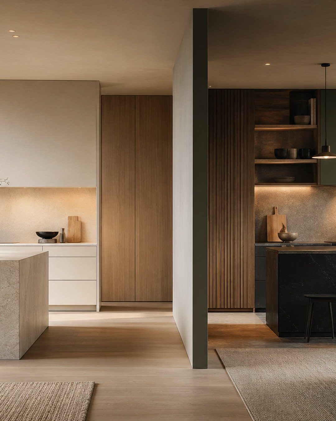 Minimalist kitchen with white quartz countertops and clean, clutter-free surfaces in neutral tones.