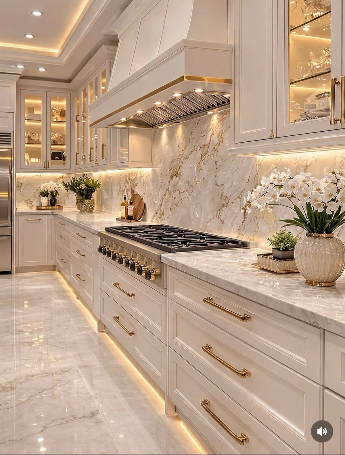 White kitchen cabinets with gold hardware and white marble countertops and backsplash.