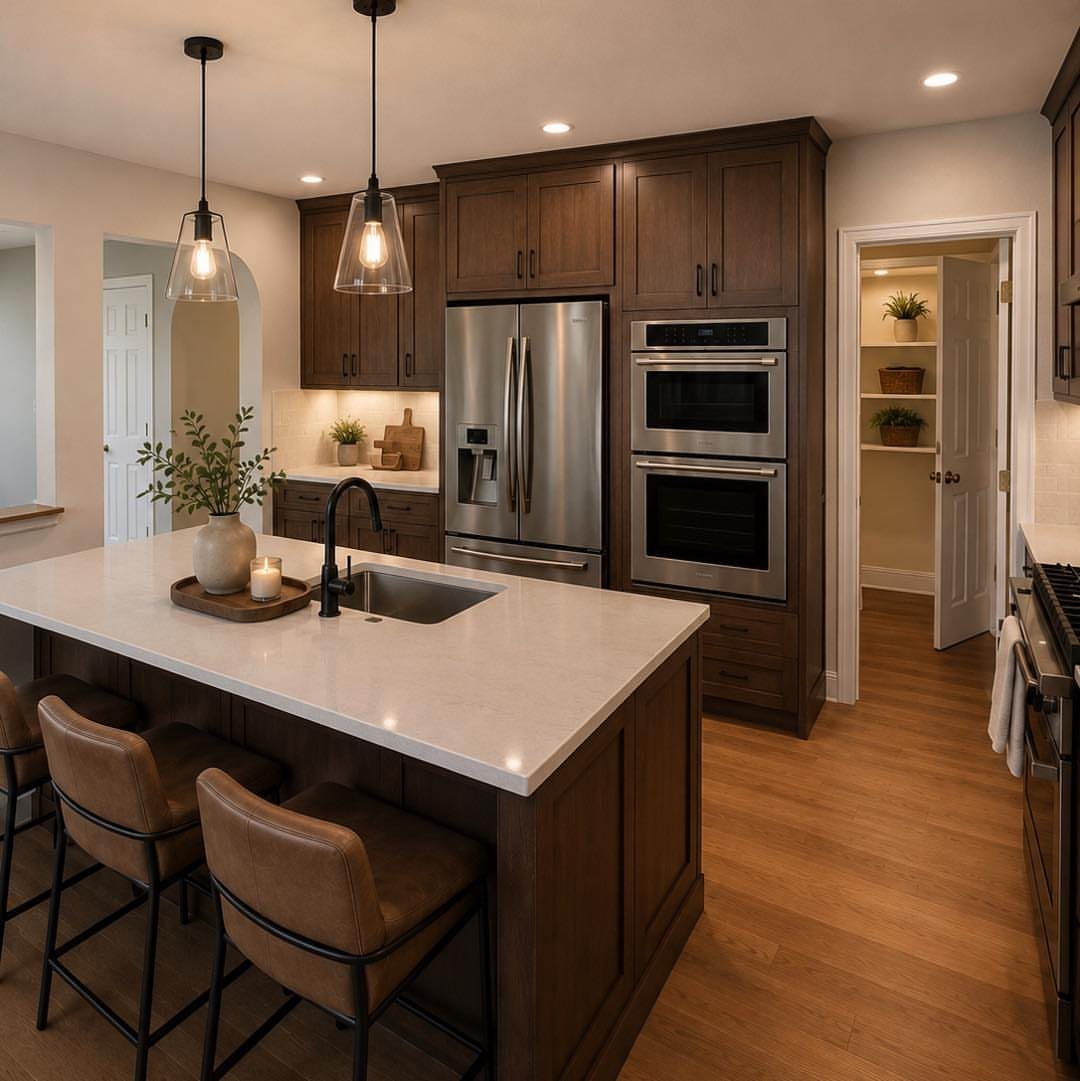 Modern kitchen with dark stained wood cabinets, white countertops, and stainless steel appliances.