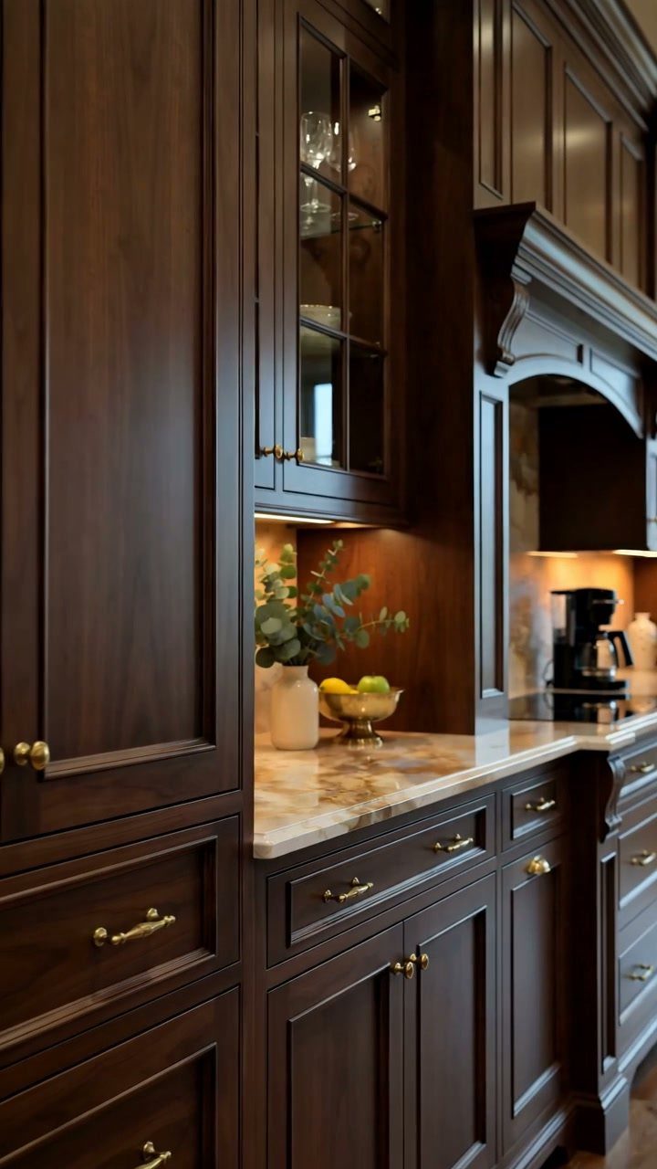 Dark brown stained wood kitchen cabinets with marble countertops and gold hardware.