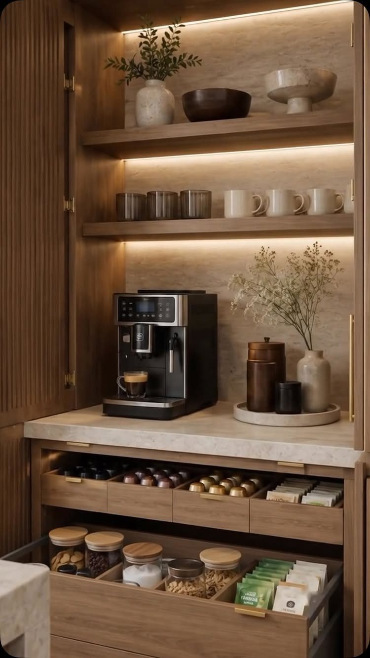 Stained wood coffee station with integrated lighting, espresso machine, and organized storage drawers.