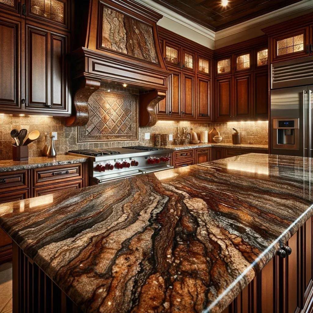 Dark stained wood cabinets and a granite island in a luxury kitchen.