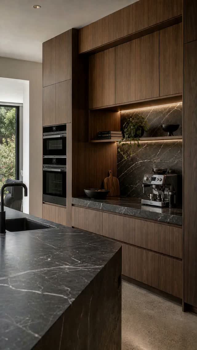 Dark walnut kitchen cabinets with black marble countertops and built-in double ovens.