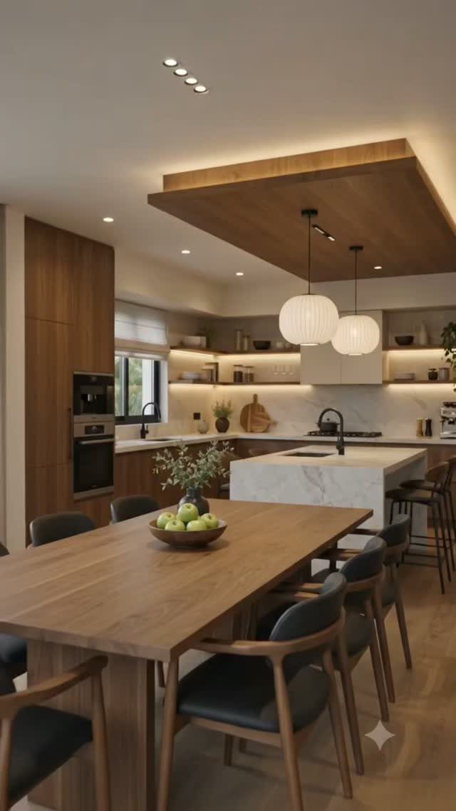 Walnut kitchen cabinets and dining table paired with beige walls and white marble island