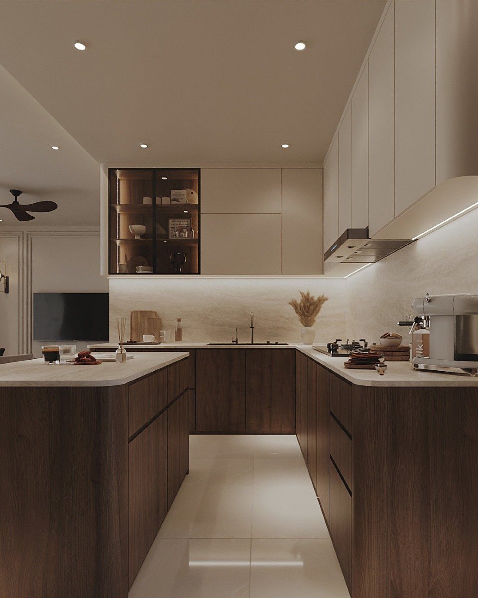 Dark walnut lower kitchen cabinets and island with white upper cabinets and countertops.