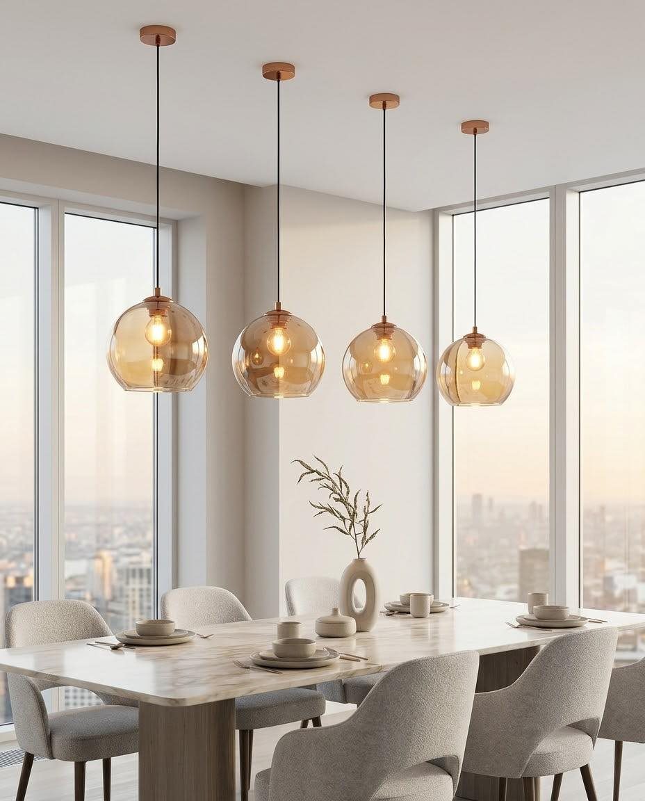 Amber glass globe pendant lights hanging over a marble dining table in a bright room.