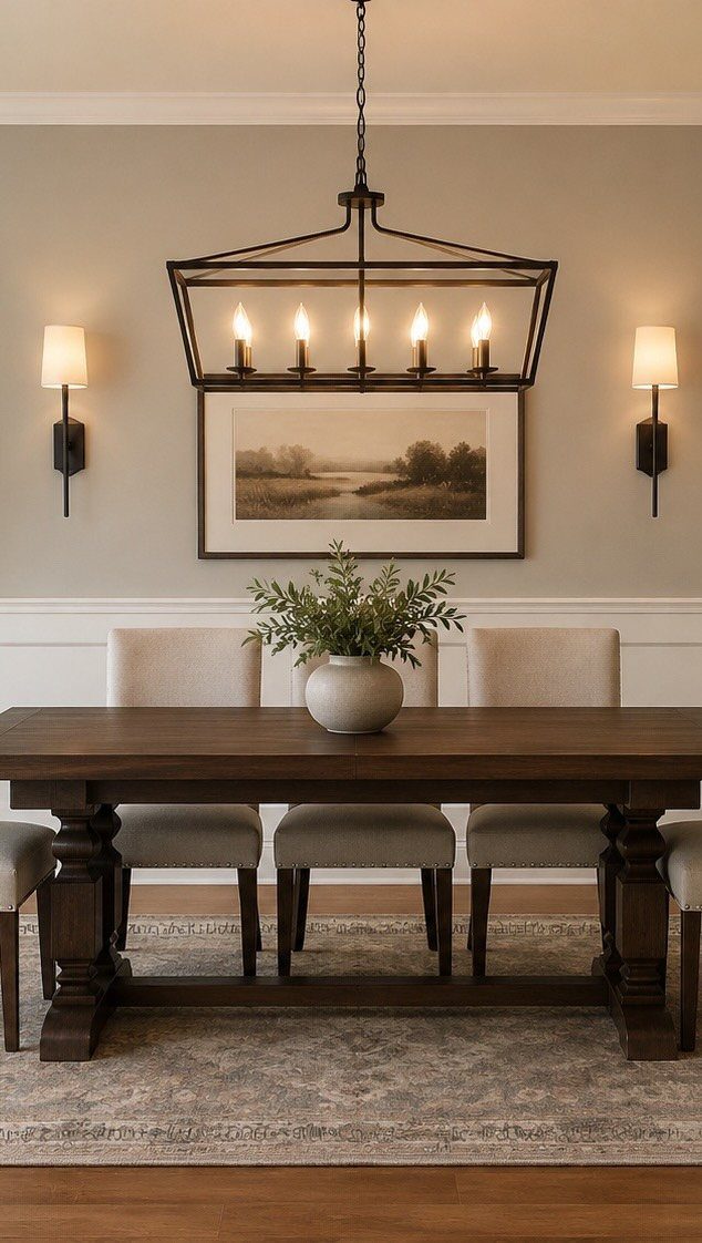 Linear metal chandelier with candle bulbs hanging over a dark wood dining table