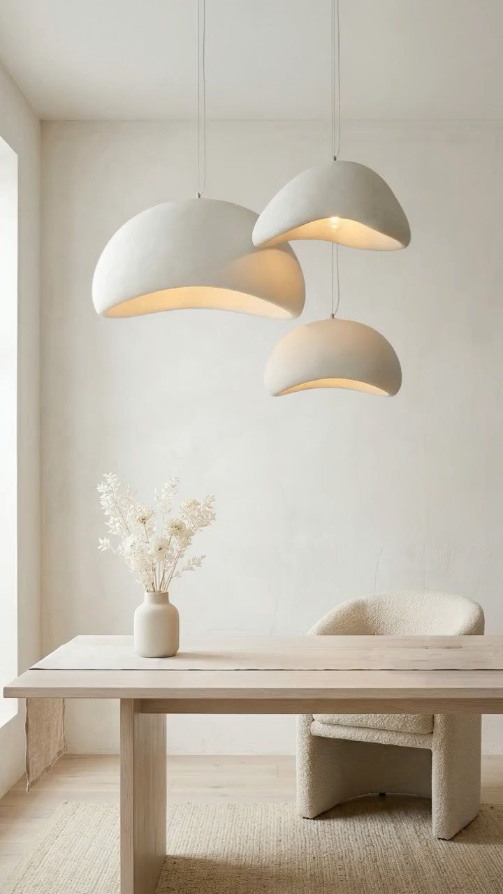 Three white dome pendant lights hanging over a light wood kitchen table