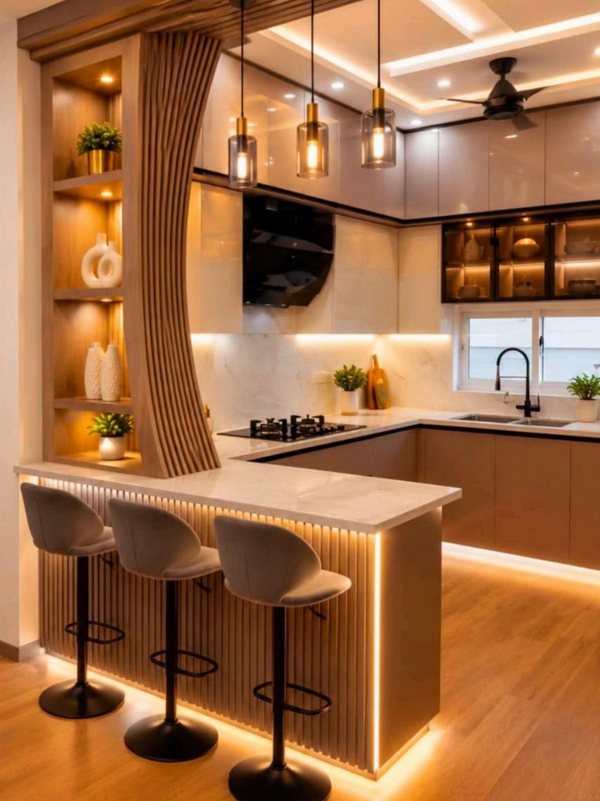 Modern kitchen featuring warm accent lighting on open wooden shelves and breakfast bar.