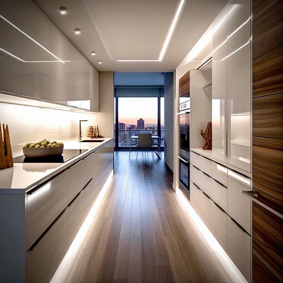 Modern galley kitchen with white cabinets and integrated linear LED strip lighting.