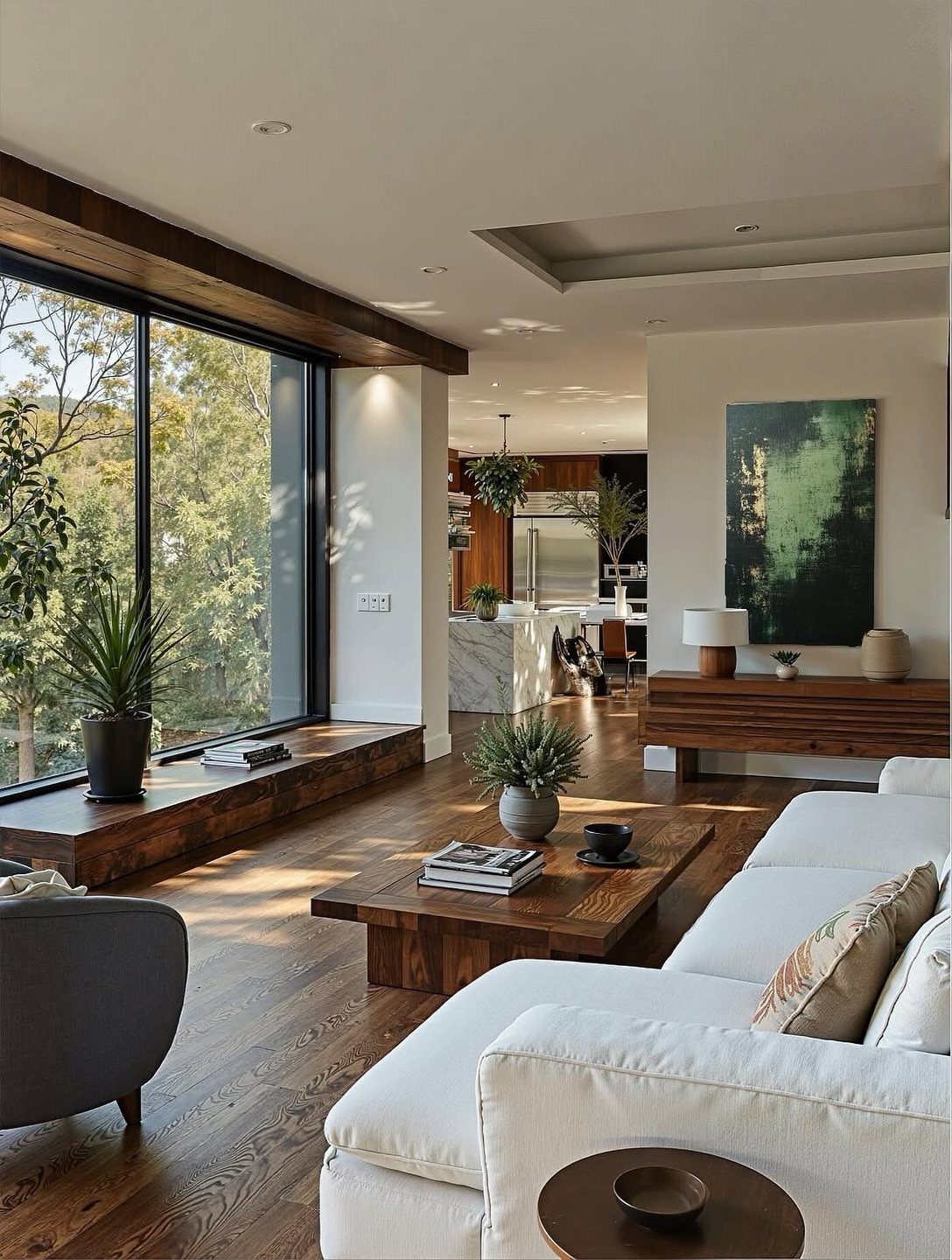 Large floor-to-ceiling windows overlooking greenery in a modern open-concept living room and kitchen.