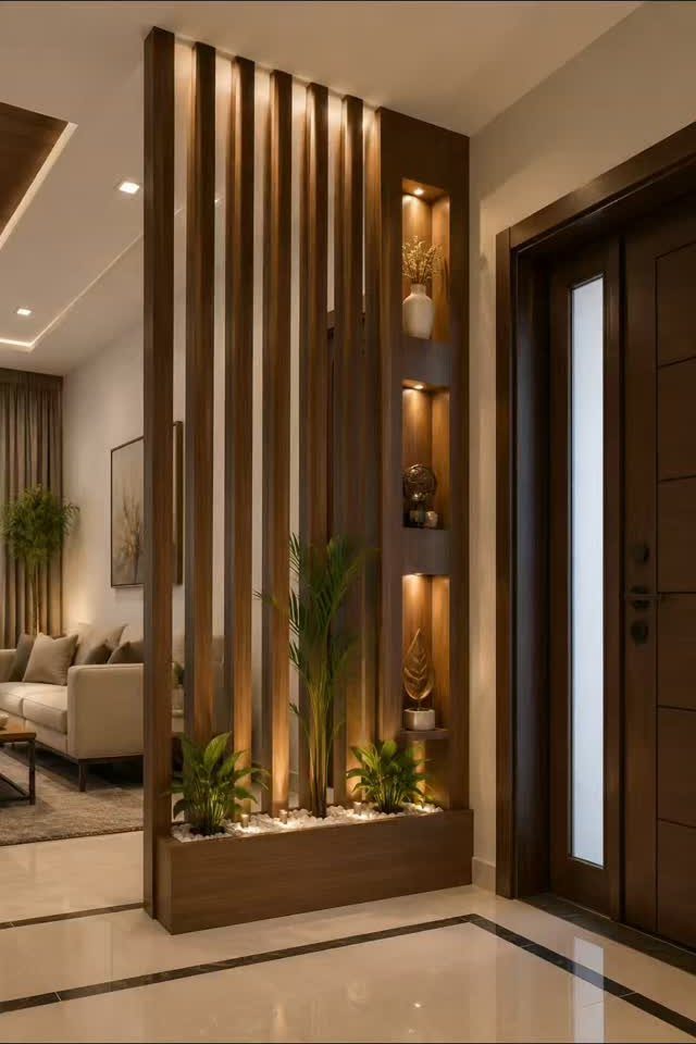 Wooden slatted room divider with integrated lighting and plants separating a living area.