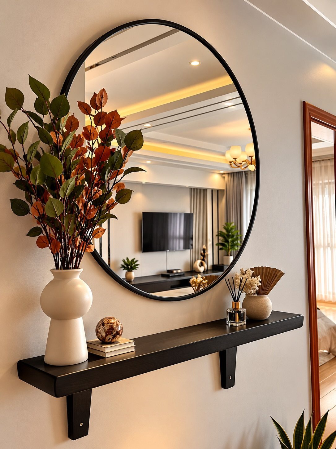 Oval black-framed mirror reflecting a modern living room above a black floating shelf.
