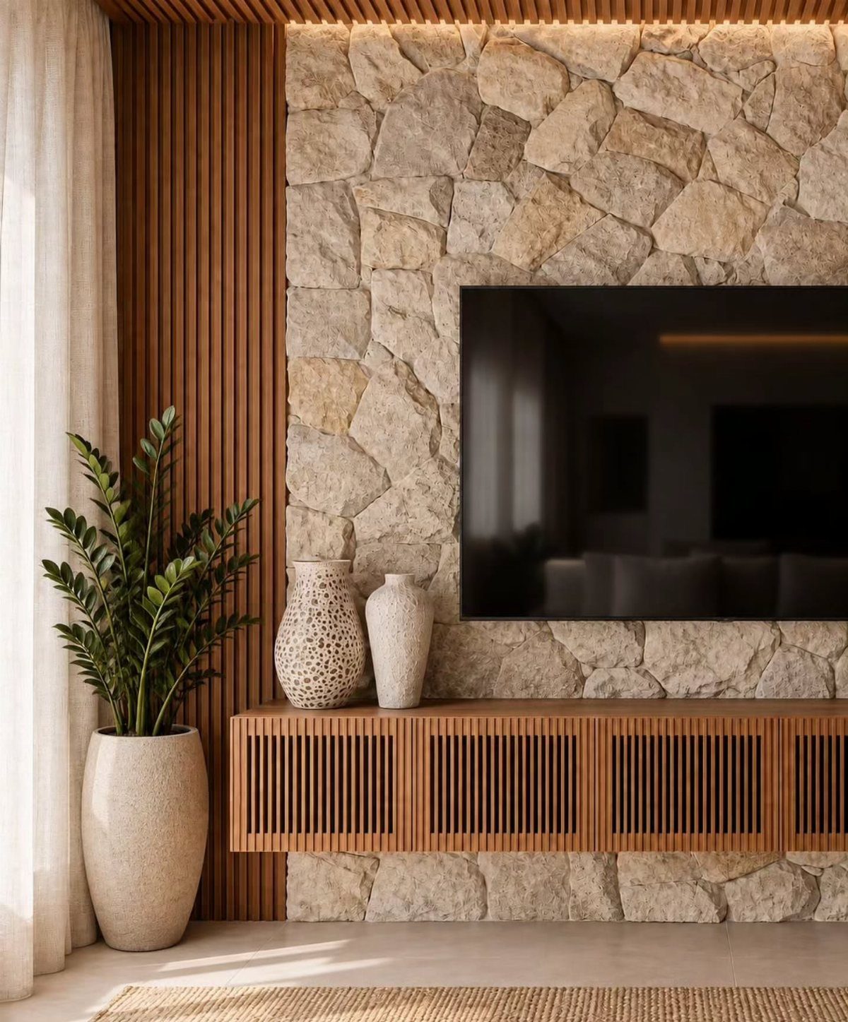 Stone wall with built-in television, vertical wood slats, and a floating wooden cabinet.