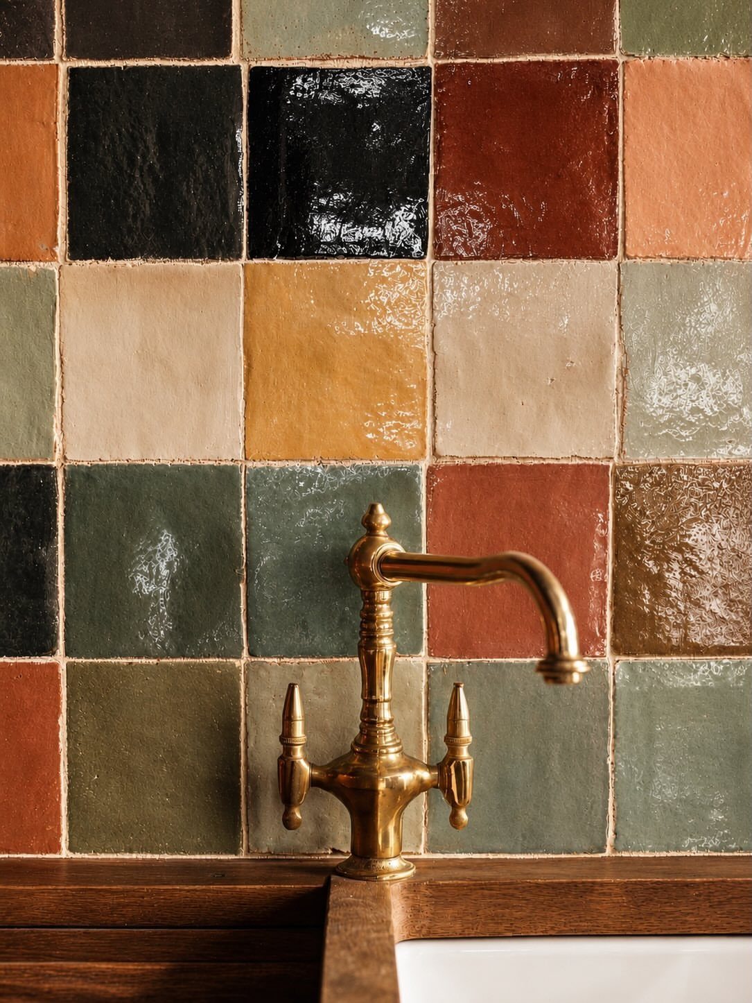 Brass faucet against a backsplash of square earthy-toned glossy tiles and wood countertop