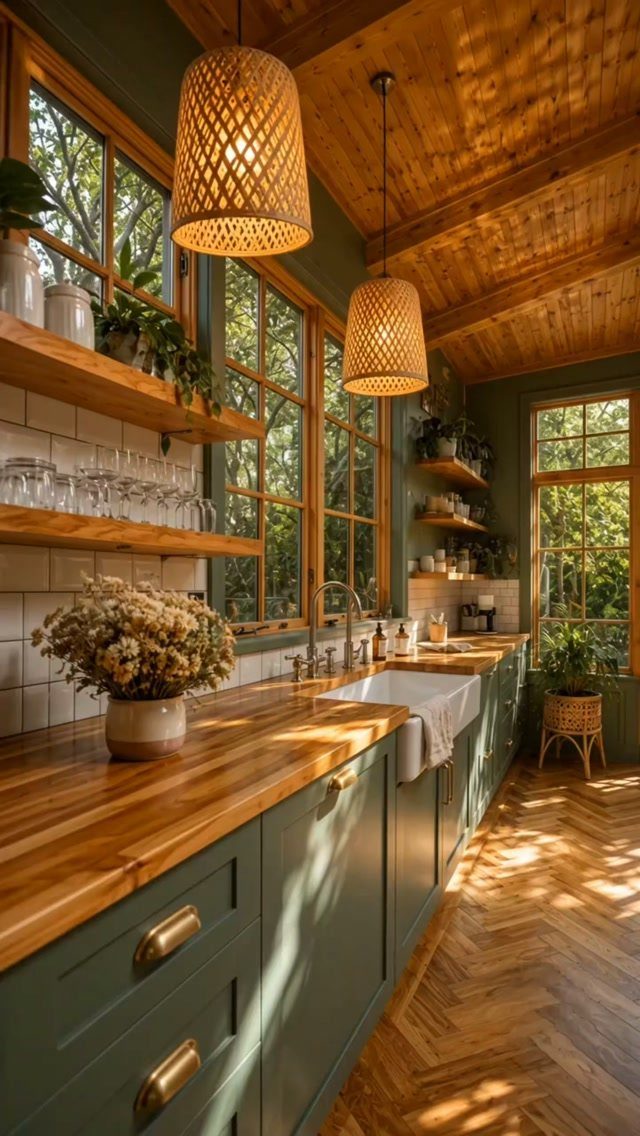 Wooden open shelves with glassware and plants in a green mid century kitchen