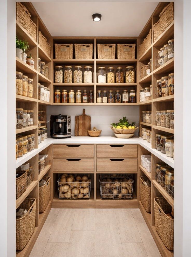 Organized walk-in pantry with light wood shelves, woven baskets, and glass storage jars.