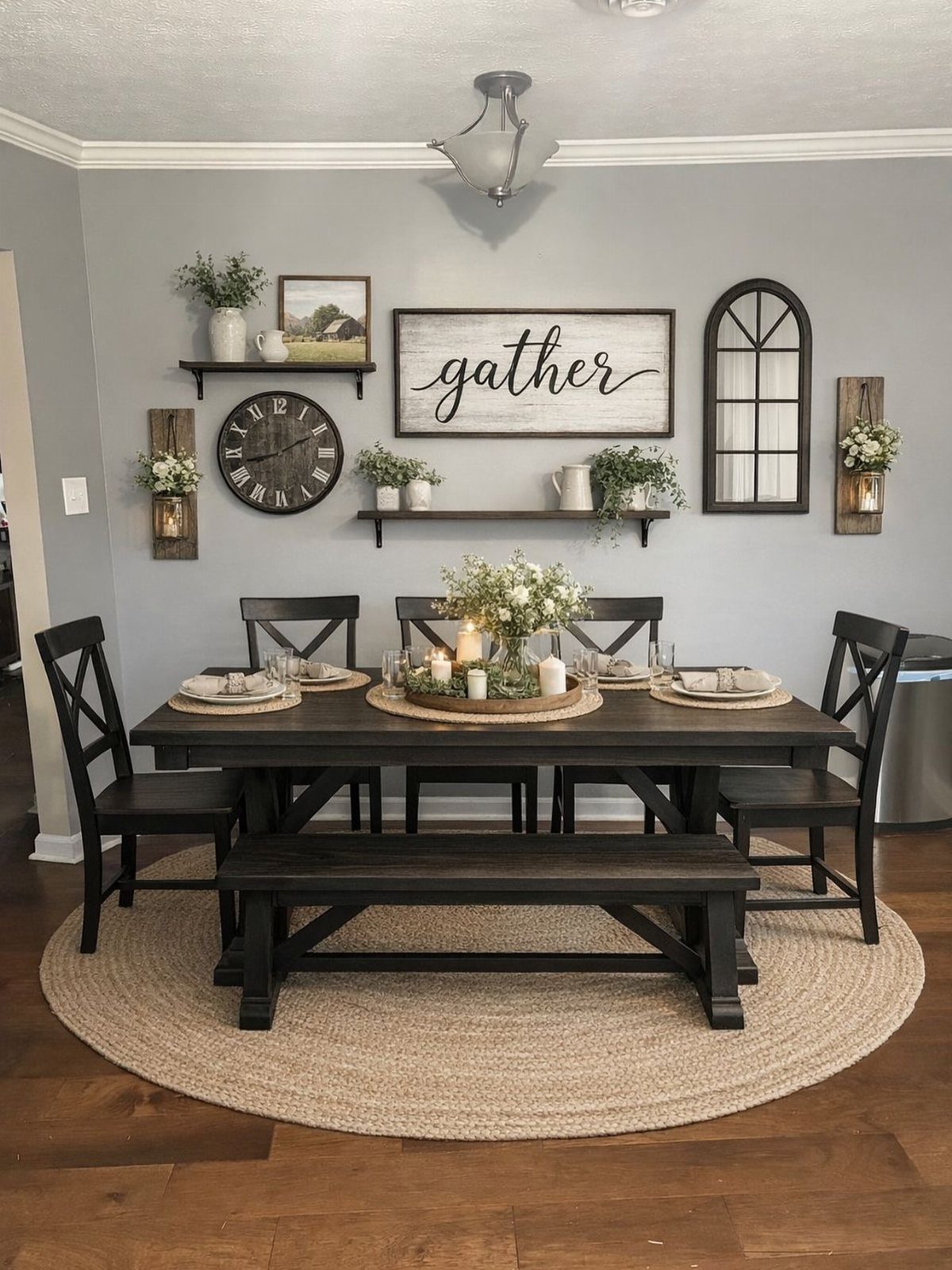 Dark wood farmhouse dining table and bench on a round jute rug