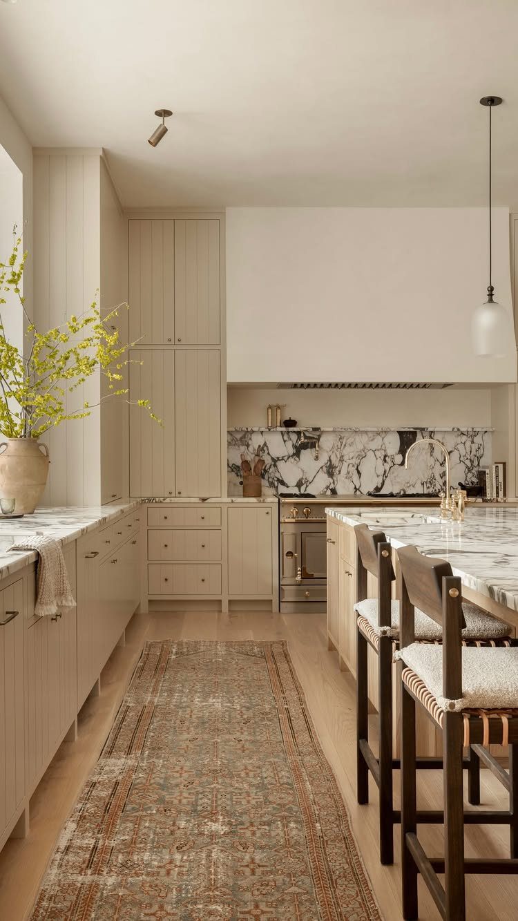 Cream-colored simple cabinetry in a modern farmhouse kitchen with marble countertops and rugs.