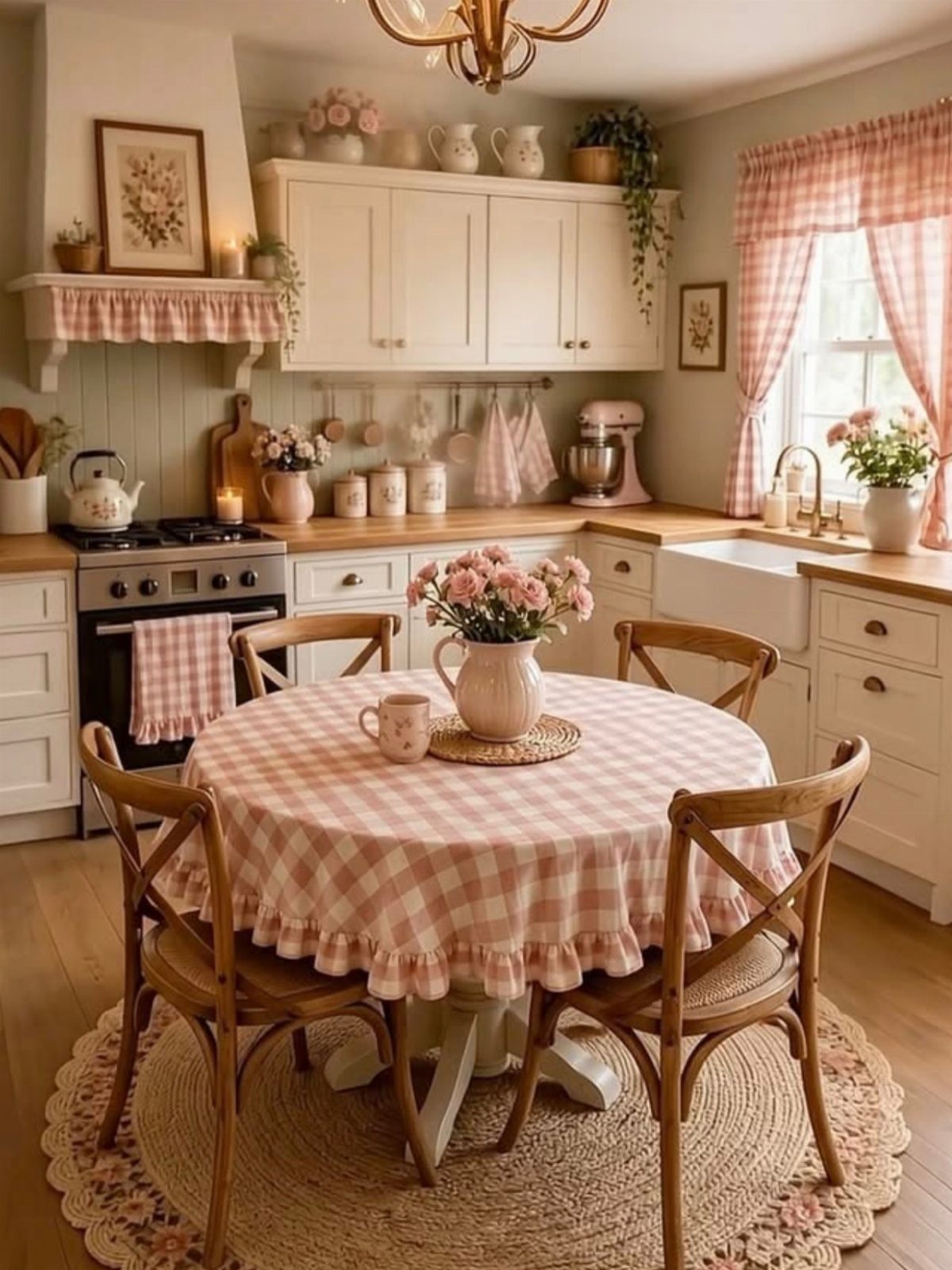 Round table with pink gingham cloth and wooden chairs in a rustic kitchen
