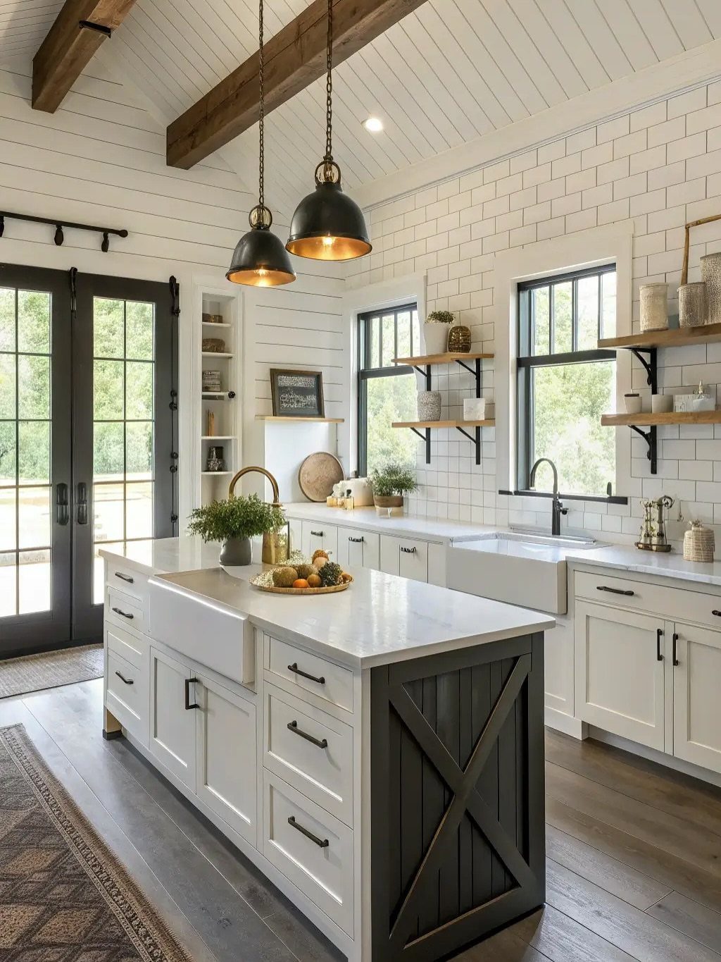 Farmhouse kitchen with wooden ceiling beams, white cabinets, and bright natural light.